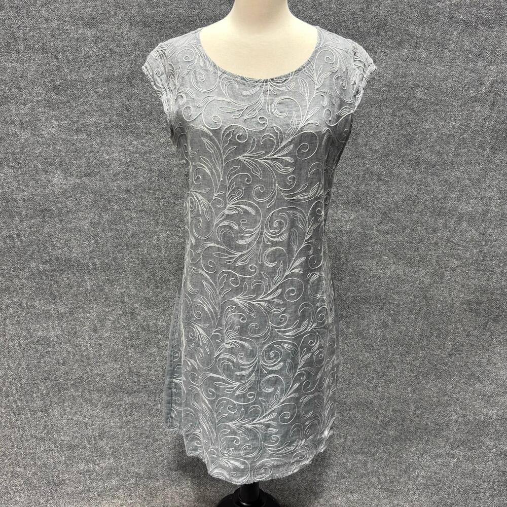 Embroidered Linen Dress Womens L Blue Gray Floral Scoop Neck Cap Sleeve A Line